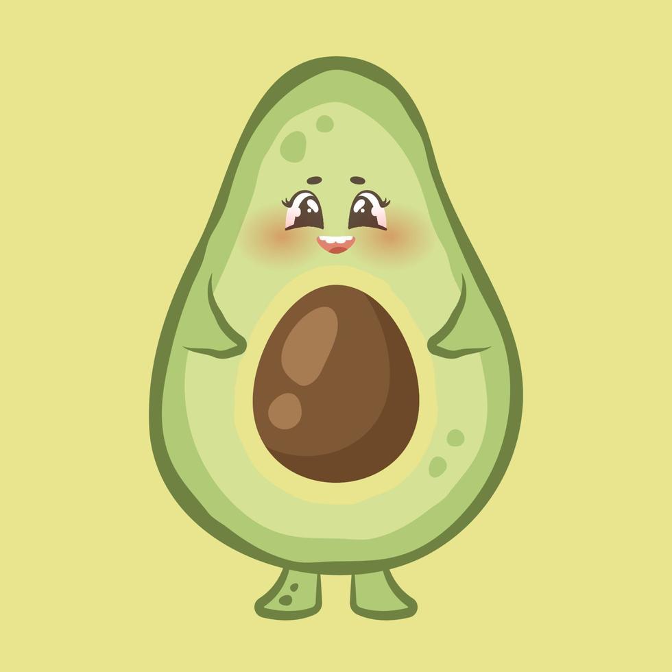 Funny cartoon avocado isolated on yelllow background. Comic cute character with happy face. Kawaii avocado with pit. Exotic fruit. Vector illustration