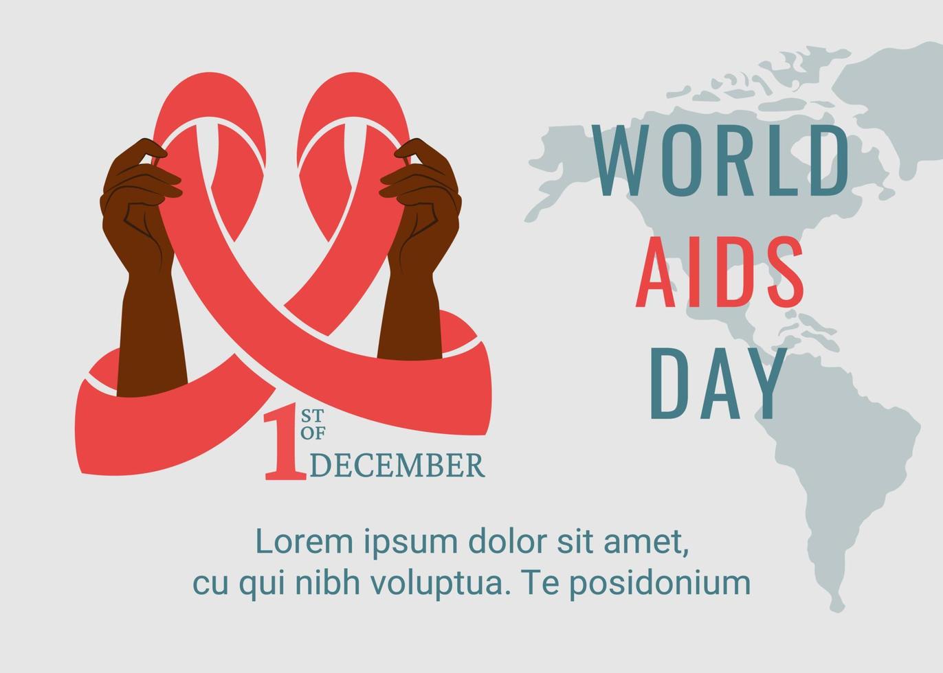 AIDS day. African American holding red ribbon. Support for hiv infected people. Awareness of AIDS. Tape in shape of heart,  lettering. Vector illustrationfor banner template