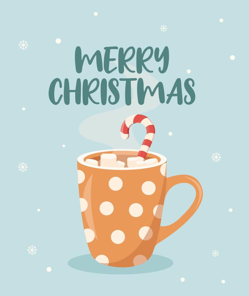 linda taza navideña con chocolate caliente, malvaviscos y bastón de caramelo. tarjeta de felicitación de navidad o pancarta vector