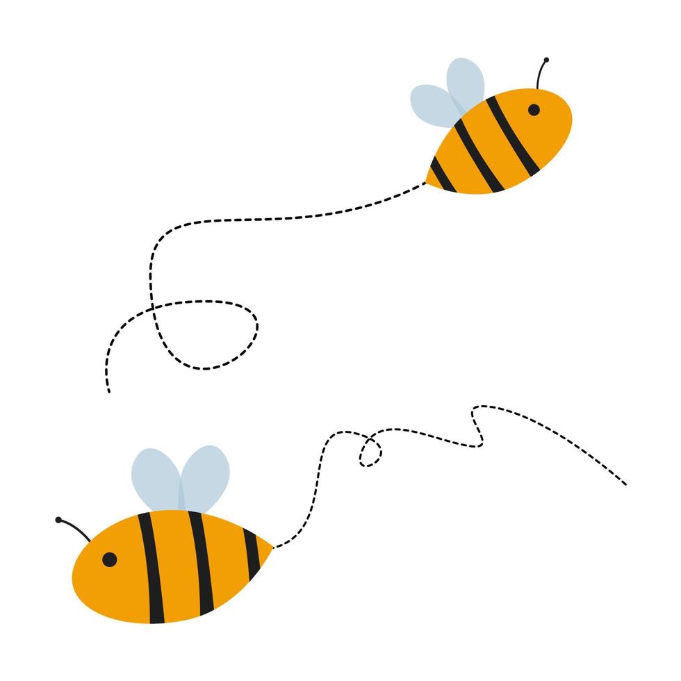 Bee flying in a dotted line the flight path of a bee to honey. Vector illustration. EPS 10.