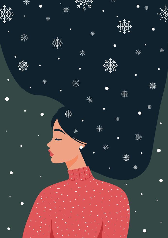 Winter illustration with a girl in a sweater with long hair in snowflakes. Vector design for postcard, poster, flyer