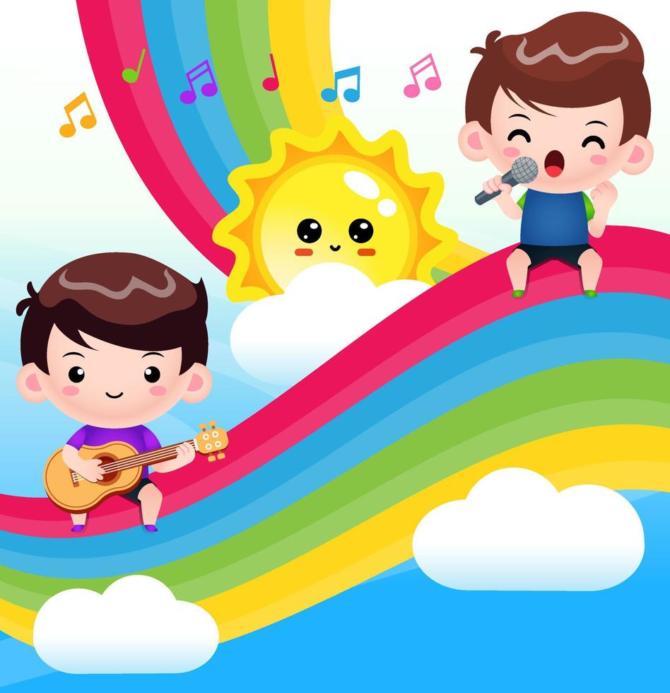 chico lindo tocando la guitarra y cantando a dúo en el arco iris vector
