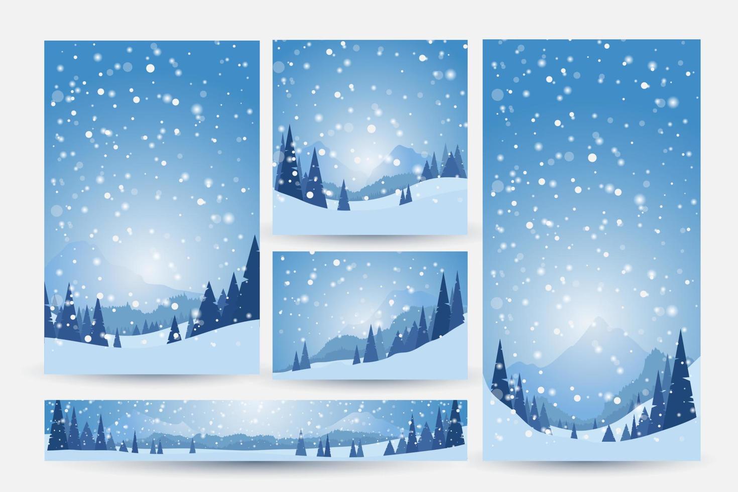 winter landscape in pine forest and mountains. set of winter background vector