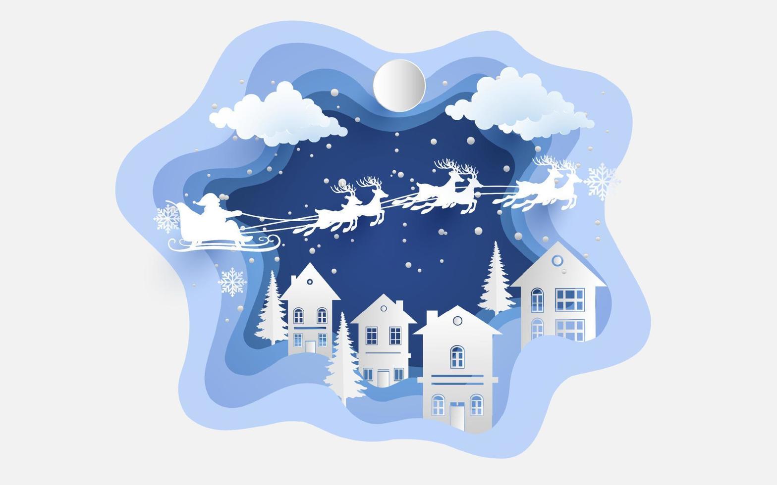 ilustración de invierno con casa y santa claus. diseño de arte en papel vector