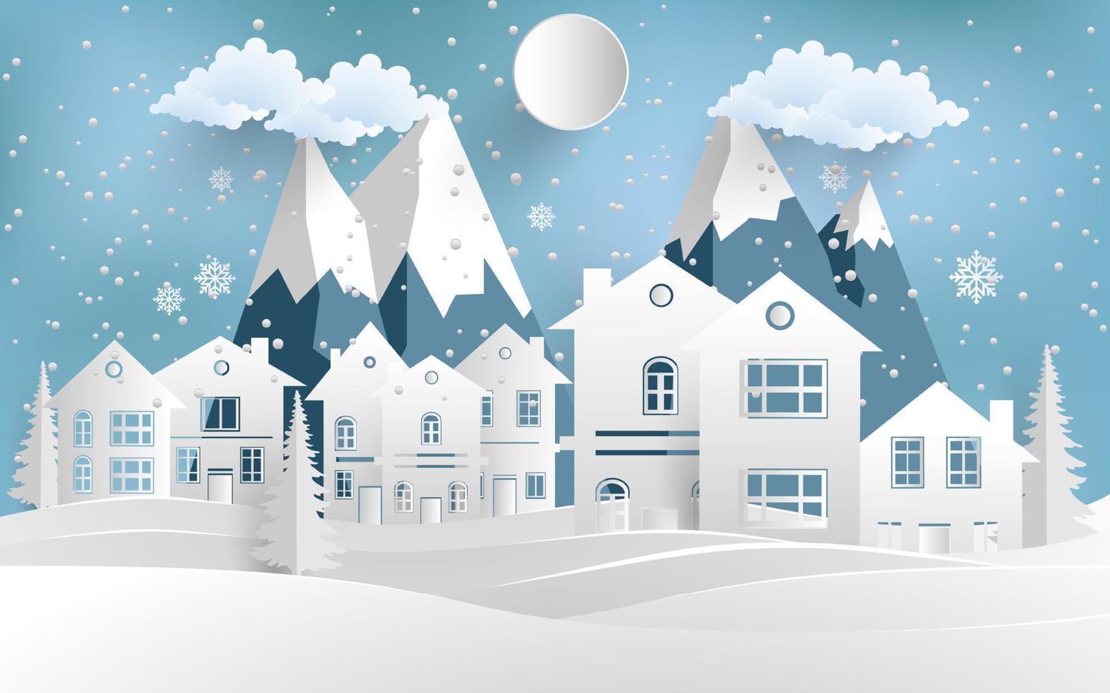 house in winter with mountains. paper cut design vector