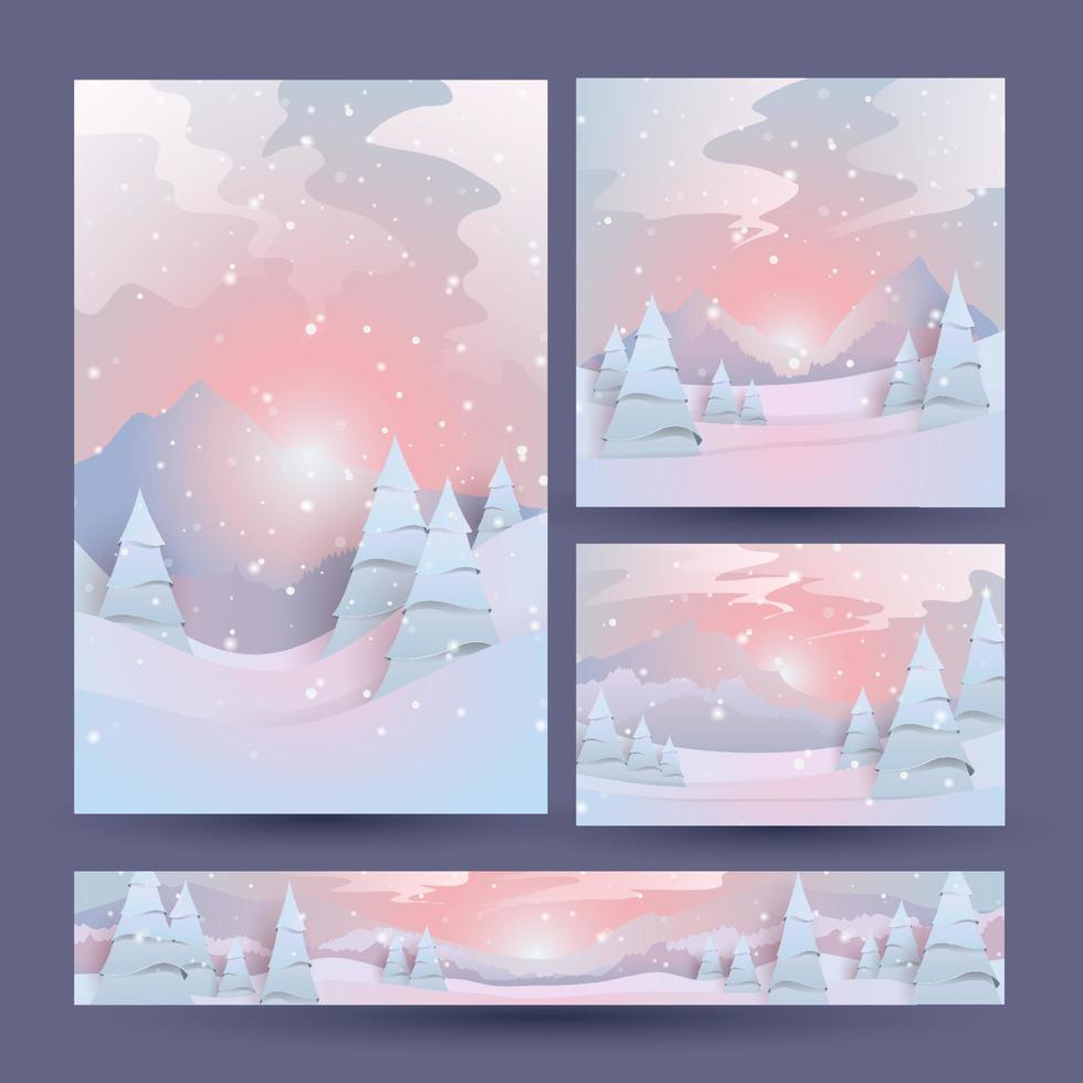 set of winter landscape in pine forest and mountains vector