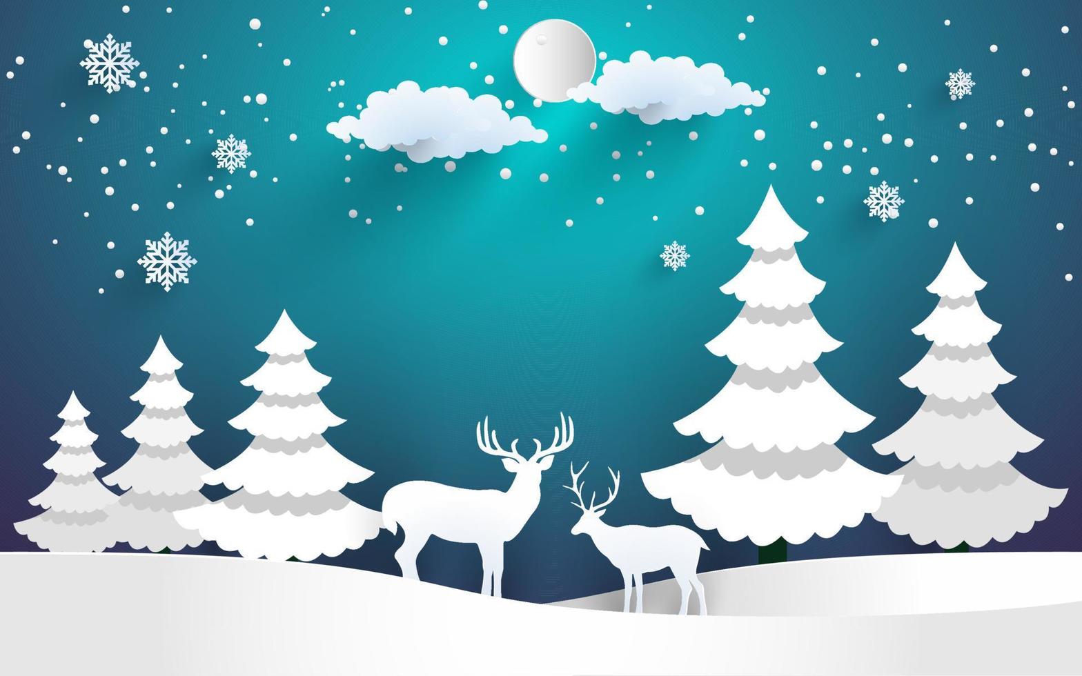 Deer in the snowy forest. paper art design vector