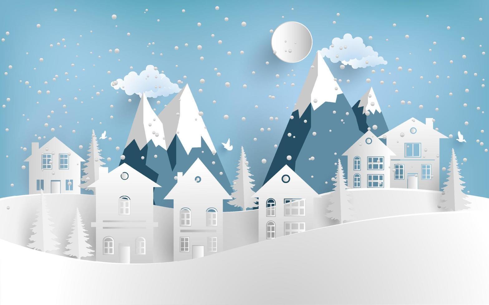 house in winter with mountains. paper cut design vector