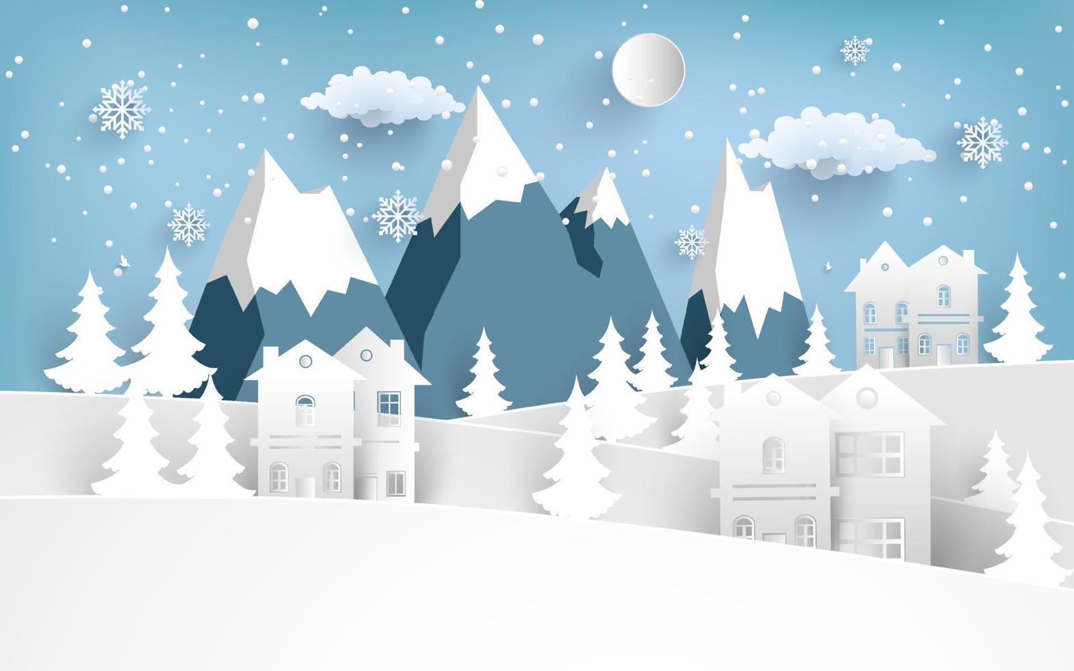 house in winter with mountains. paper cut design vector