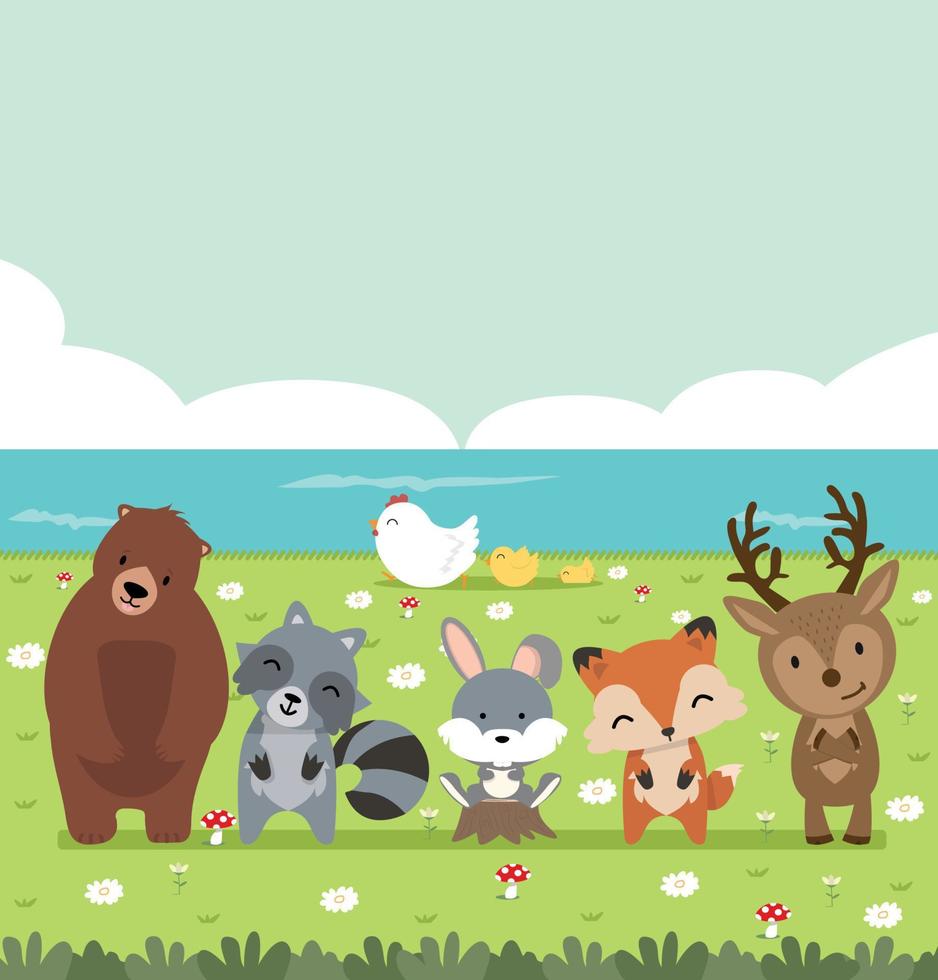 animales de jardín de dibujos animados con fondo de campo vector