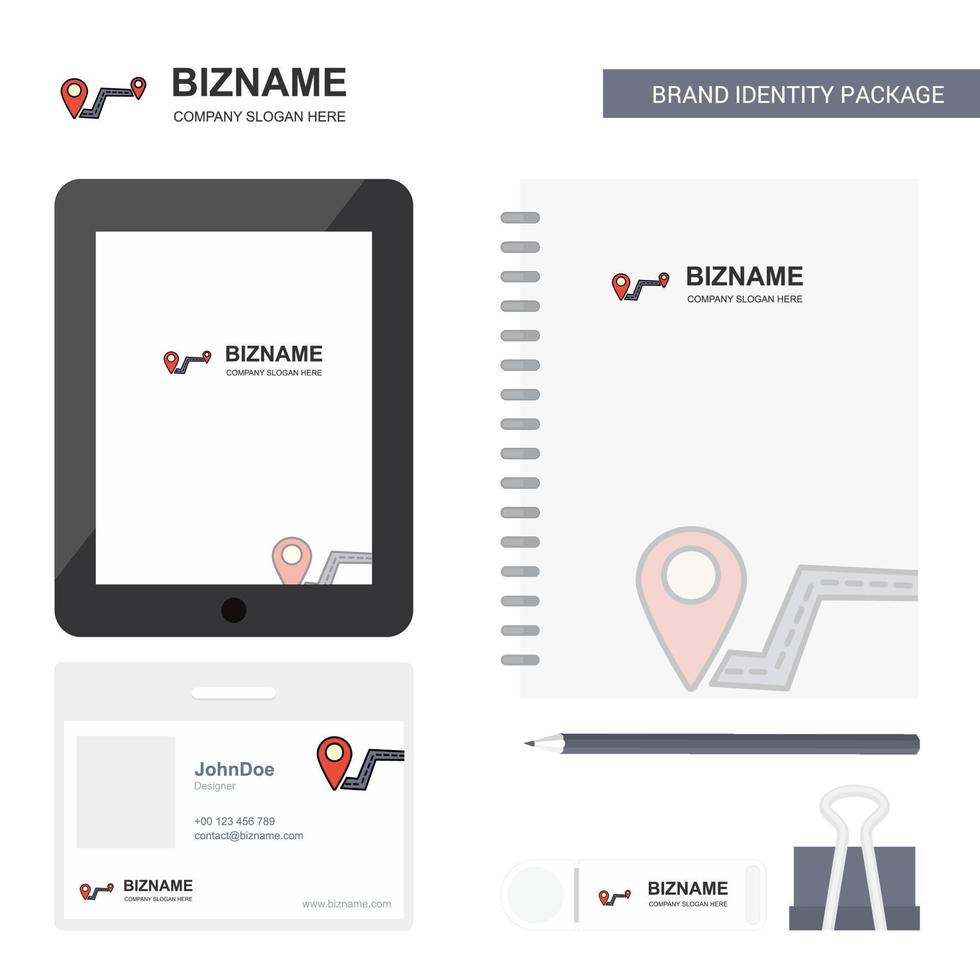 Route Business Logo Tab App Diary PVC Employee Card and USB Brand Stationary Package Design Vector Template