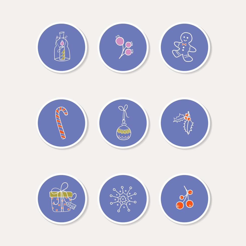 Set of prints with Winter festive elements. Cute round printable stickers. Collection of doodle style vector illustrations. Christmas theme.