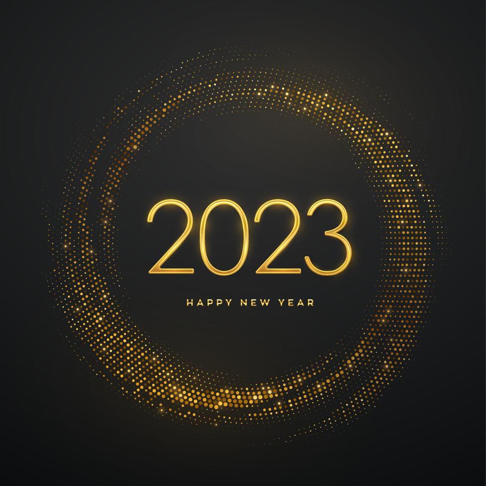 Happy New 2023 Year. Golden metallic luxury numbers 2023 on shimmering background. Realistic sign for greeting card. Bursting backdrop with glitters. Festive poster or banner. Vector illustration.