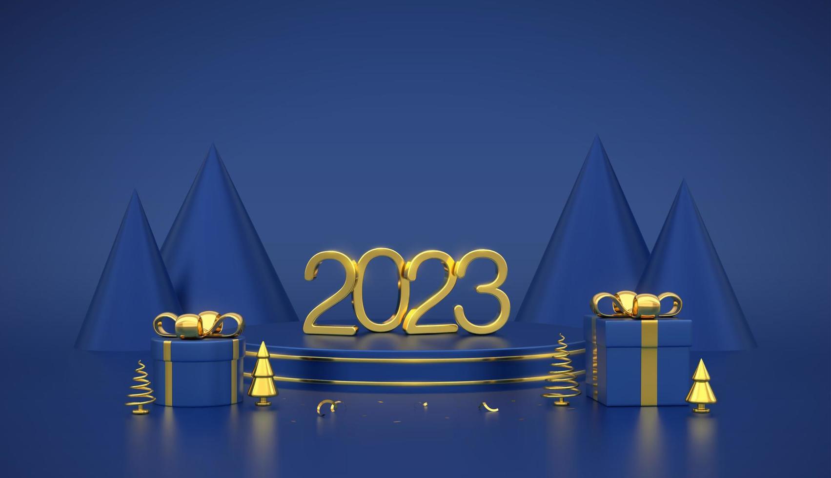 Happy New 2023 Year. 3D Golden metallic numbers 2023 on blue stage podium. Scene, round platform with gift boxes and golden metallic pine, spruce trees on blue background. Vector illustration.