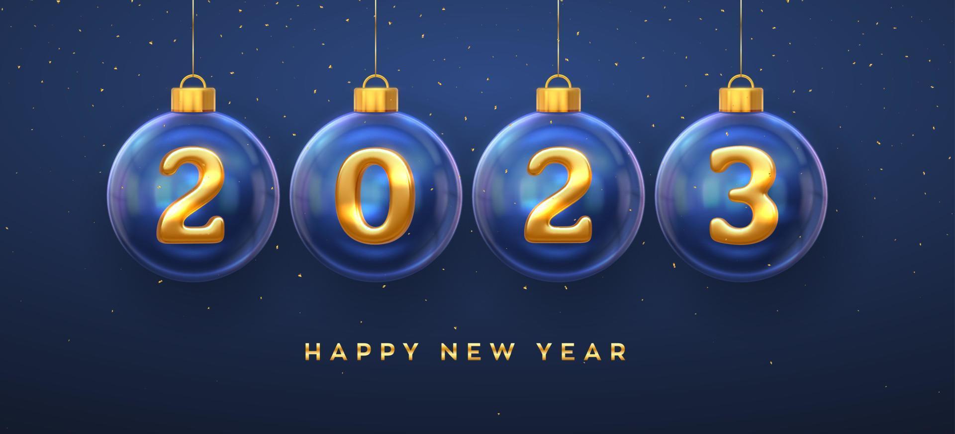 Happy New Year 2023. Golden metal 3D numbers 2023 in glass bauble. Hanging Christmas balls and glitter confetti. Greeting card. Holiday Xmas and New Year poster, banner, flyer. Vector Illustration.