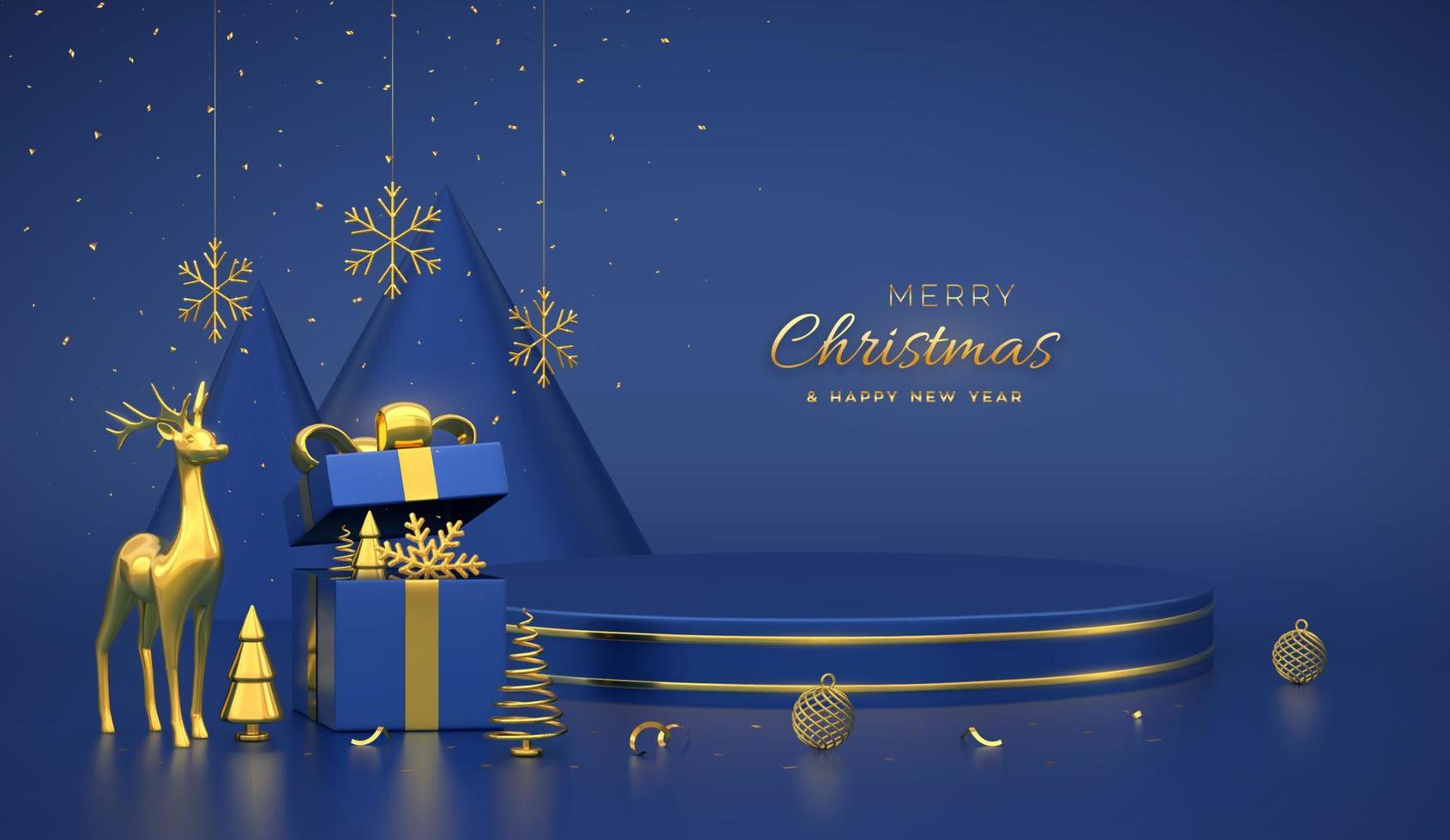 escena navideña y plataforma redonda 3d con círculo dorado sobre fondo azul. pedestal en blanco con ciervos, copos de nieve, bolas, caja de regalo, pino en forma de cono metálico dorado, abetos. ilustración vectorial vector