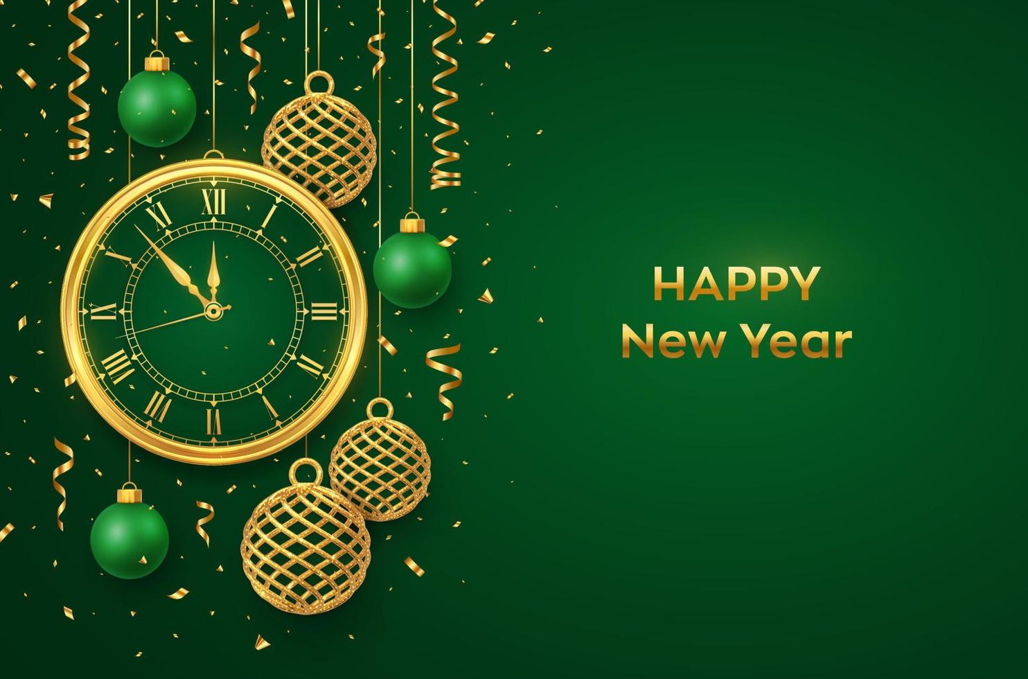 Happy New Year 2023. Golden shiny watch with Roman numeral and countdown midnight, eve for New Year. Background with shining gold and green balls. Merry Christmas. Xmas holiday. Vector illustration.