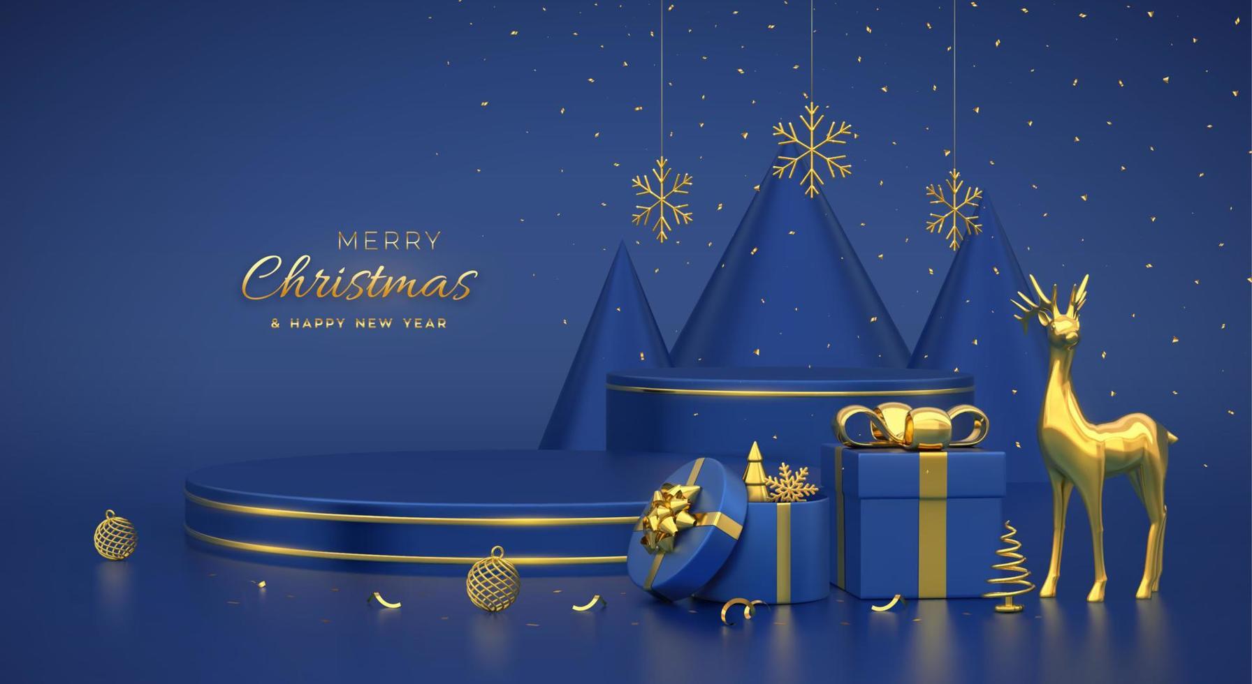 Christmas Scene and 3D platforms with gold circle on blue background. Blank Pedestal with deer, snowflakes, balls, gift boxes, golden metallic cone shape pine, spruce trees. Vector illustration.