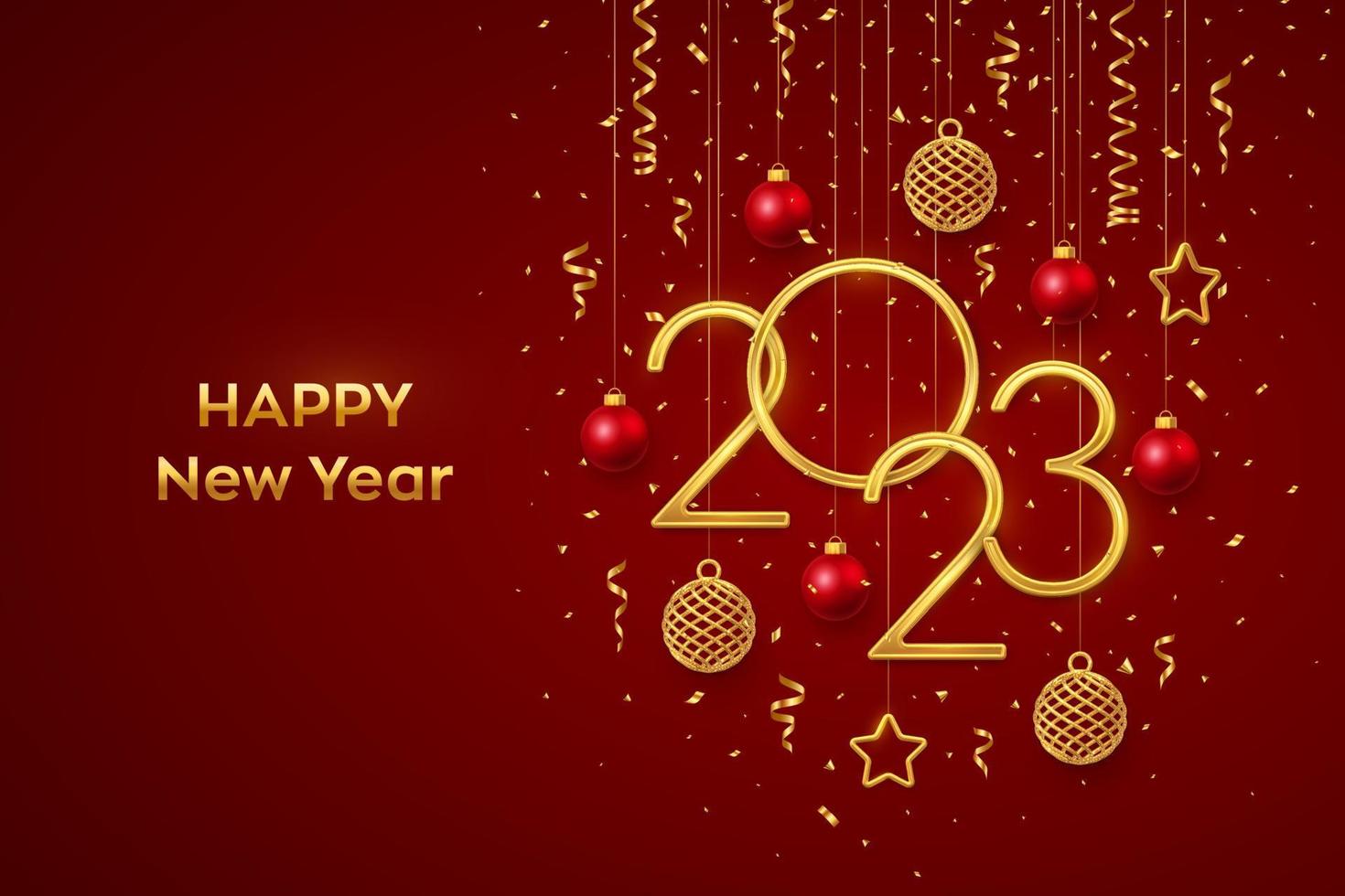 Happy New 2023 Year. Hanging Golden metallic numbers 2023 with shining 3D metallic stars, balls and confetti on red background. New Year greeting card, banner template. Realistic Vector illustration.