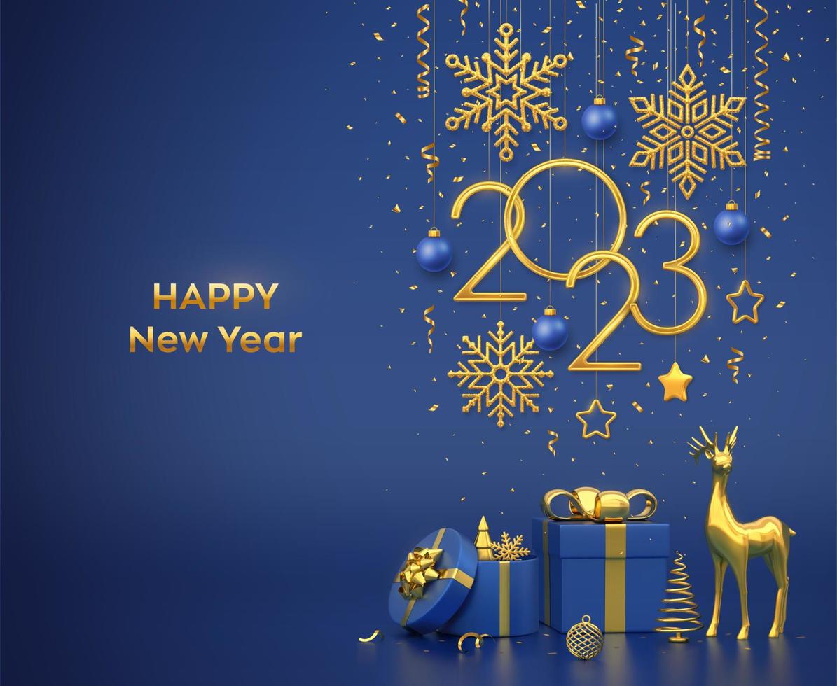 Happy New 2023 Year. Hanging golden metallic numbers 2023 with snowflakes, stars, balls on blue background. Gift boxes, gold deer and metallic pine or fir, cone shape spruce trees. Vector illustration