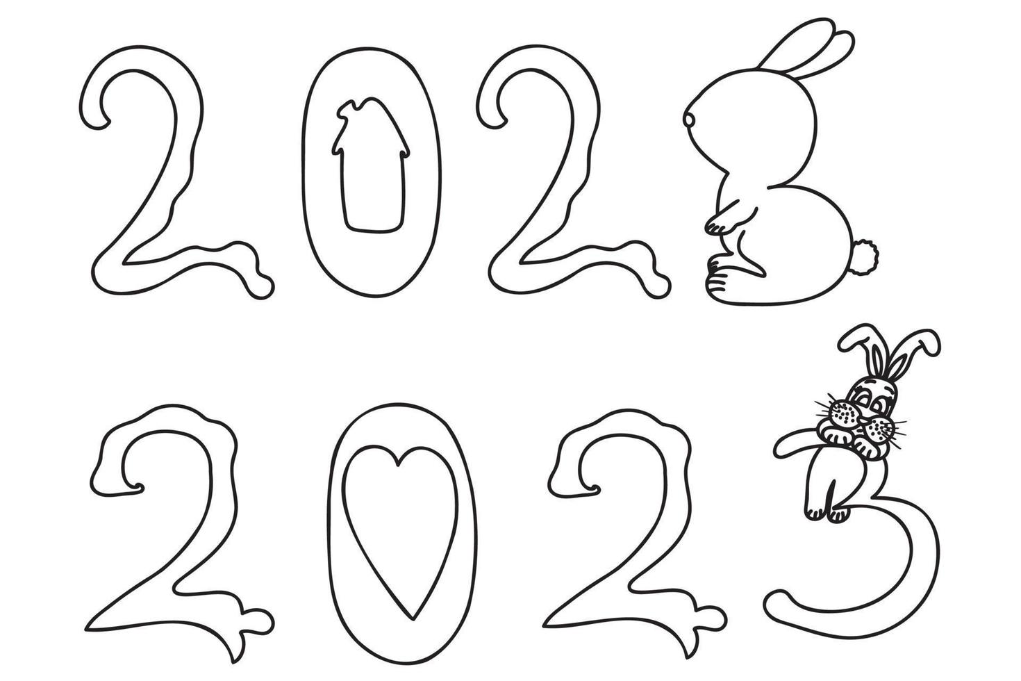 The number two thousand and twenty-three is drawn with a black outline, the number three is like a rabbit, it is intended for calendar, poster, printing and other cases. vector