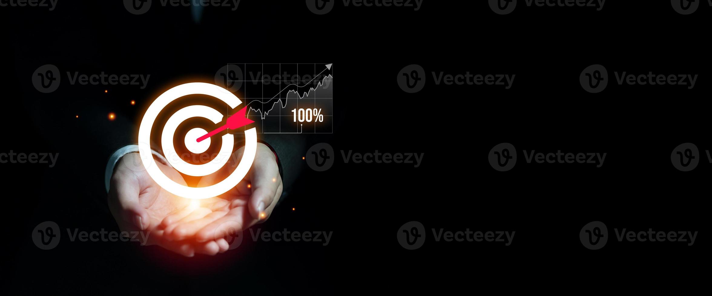 Businessman hands holding and showing virtual target dart board icon, Digital marketing and Business target concept, Investment goal banner with copy space photo