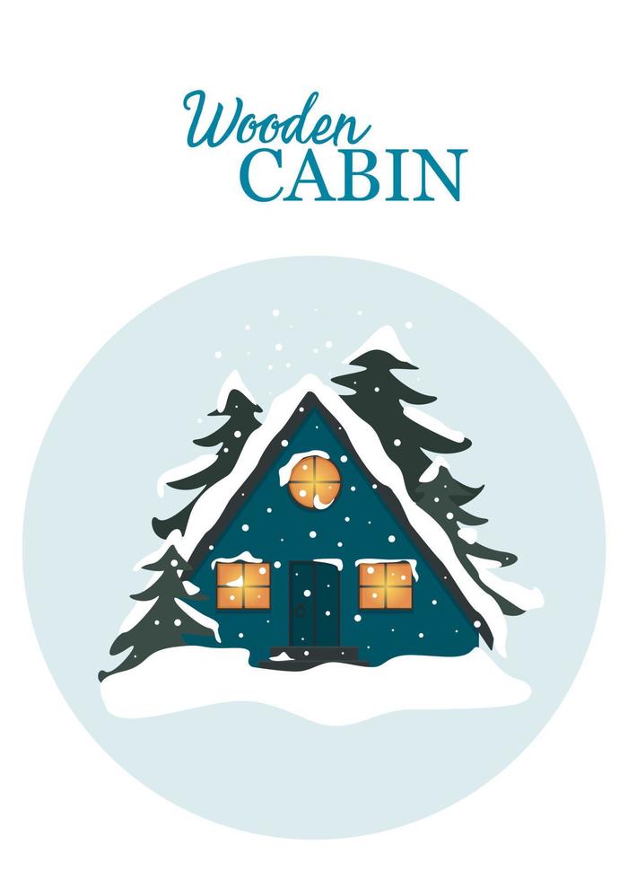 Triangular wooden blue cabin icon in a circle. Illustration of countryhouse with light in the windows. vector