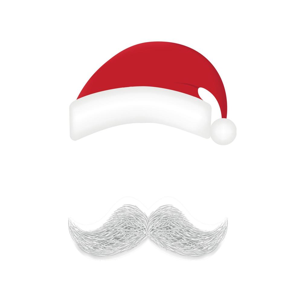 Realistic white gray mustache, holiday hat, Santa Claus element, Christmas New Year on red background - Vector