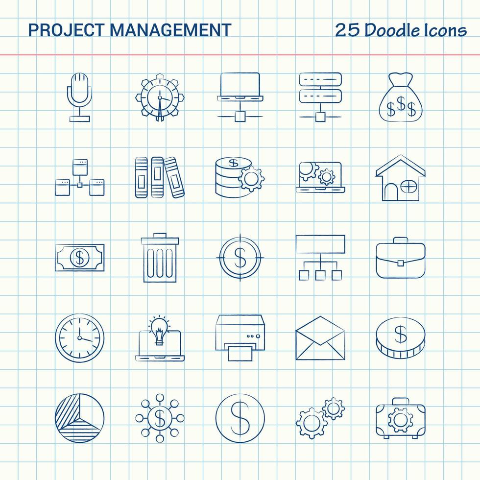 gestión de proyectos 25 iconos de doodle conjunto de iconos de negocios dibujados a mano vector