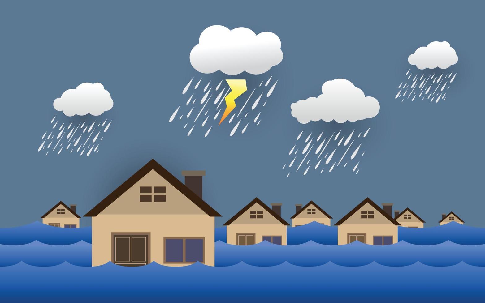 inundación desastre natural con casa, fuertes lluvias y tormentas, daños en el hogar, nubes y lluvia, inundación de agua en la ciudad, pancarta horizontal. vector