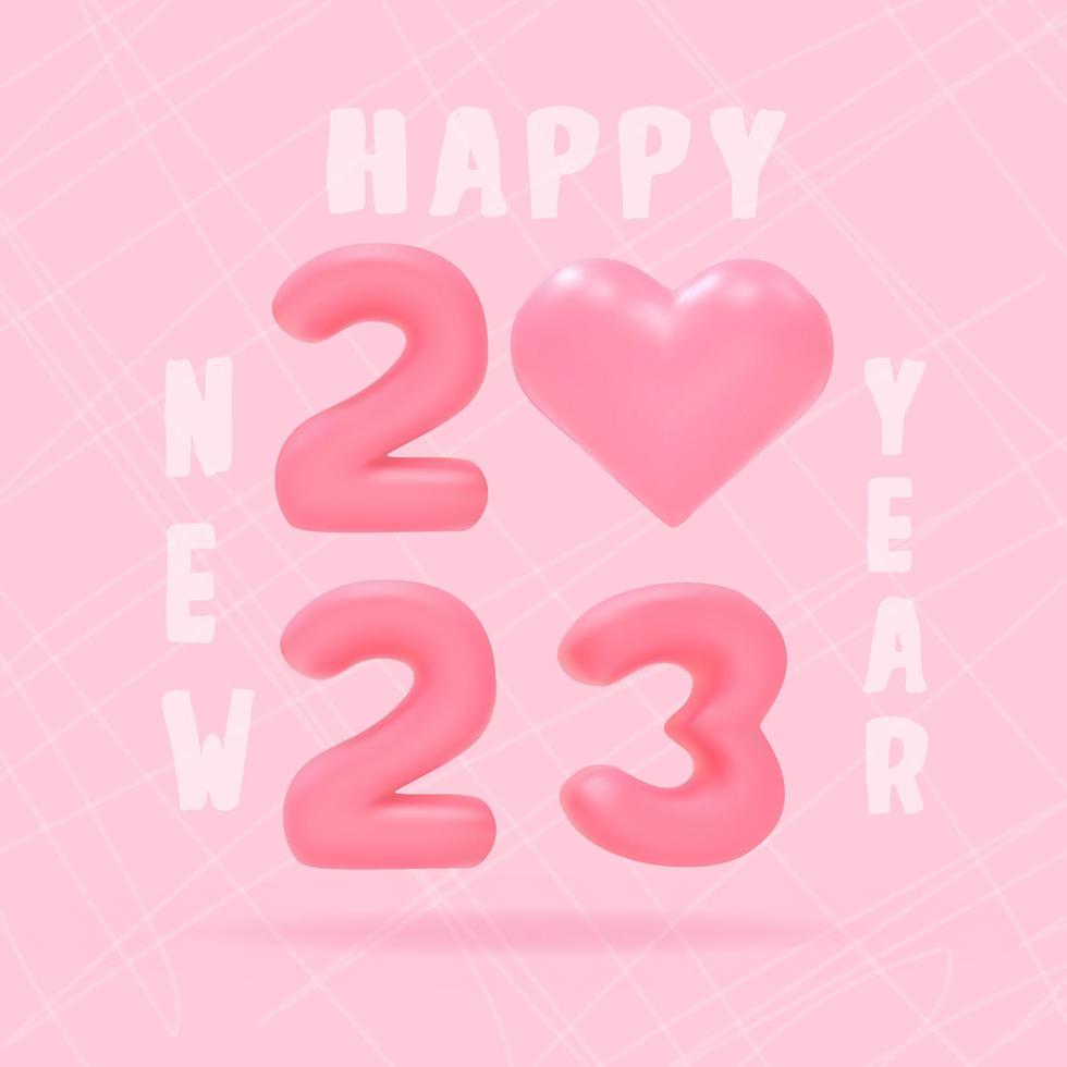 plantilla de feliz año nuevo 2023 con número rosa 3d. figuras brillantes realistas y representación del corazón. ilustración vectorial para tarjeta de felicitación, banner, portada. vector