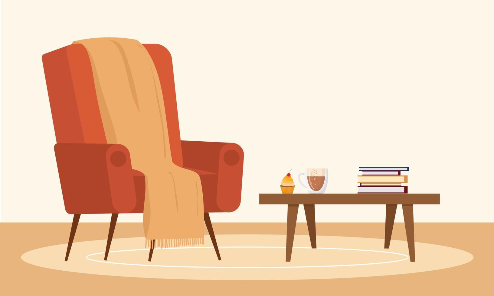 Cozy armchair with pled, book, coffee and muffin. Vector illustration.