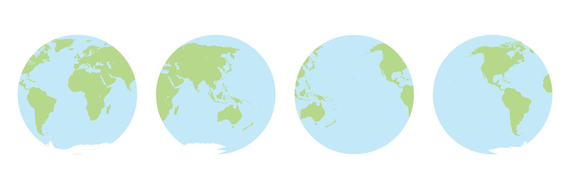 Four view circle Earth for globe. Continents and oceans. Vector illustration.