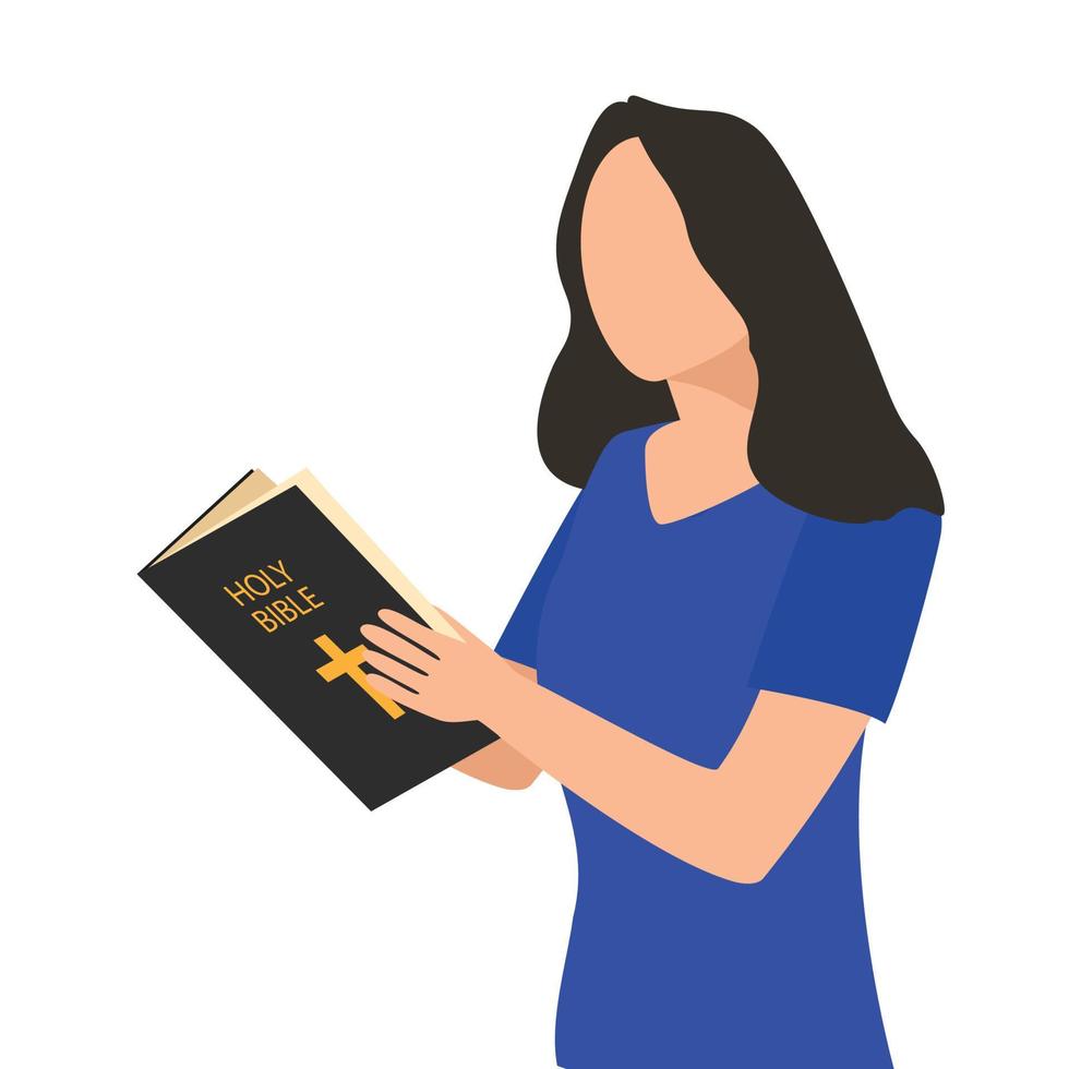 European woman is reading holy bible. Vector illustration.