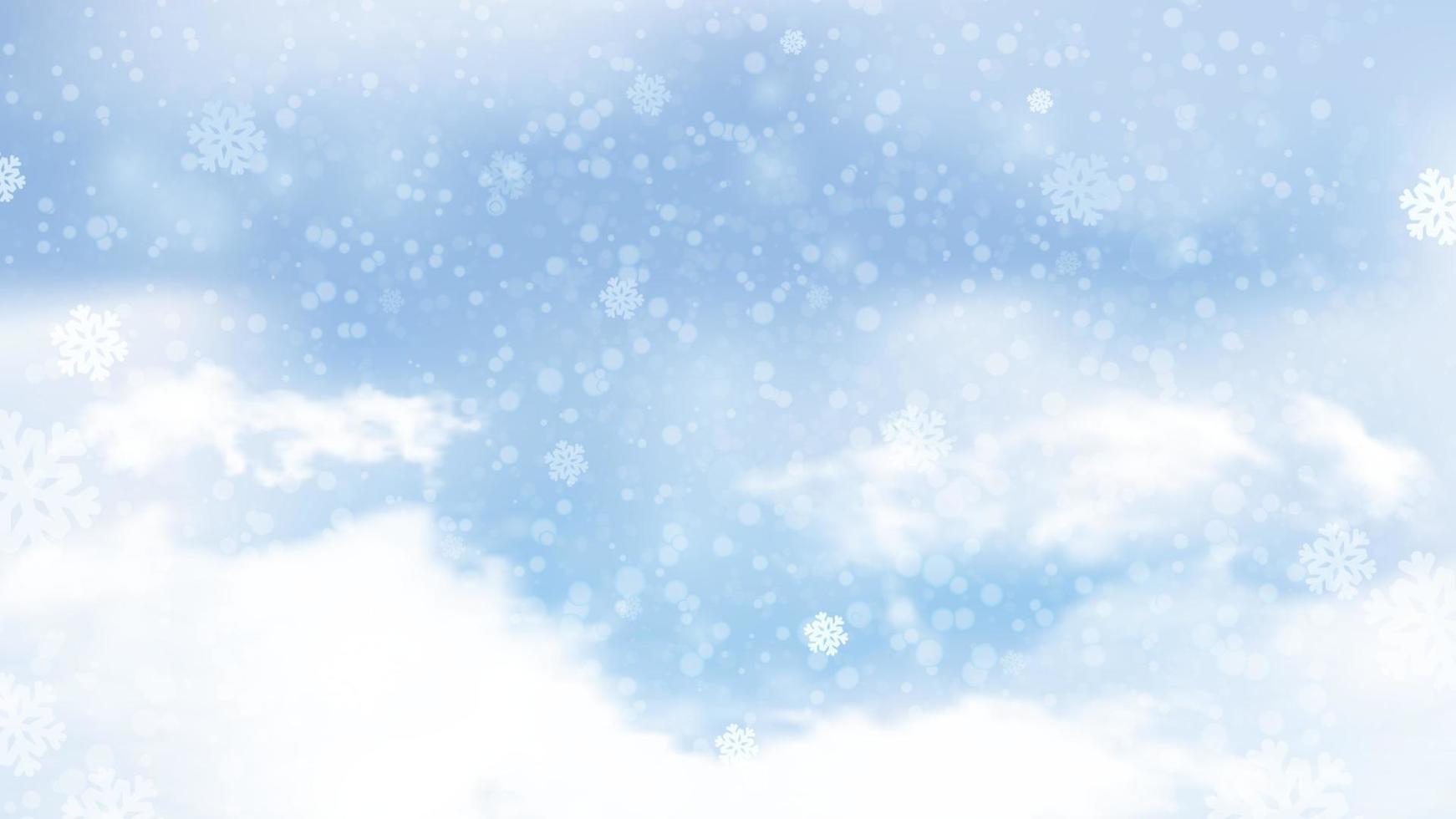 Blue christmas background with bokeh lights. Bright accents. Clouds, flying snowflakes. Vector illustration