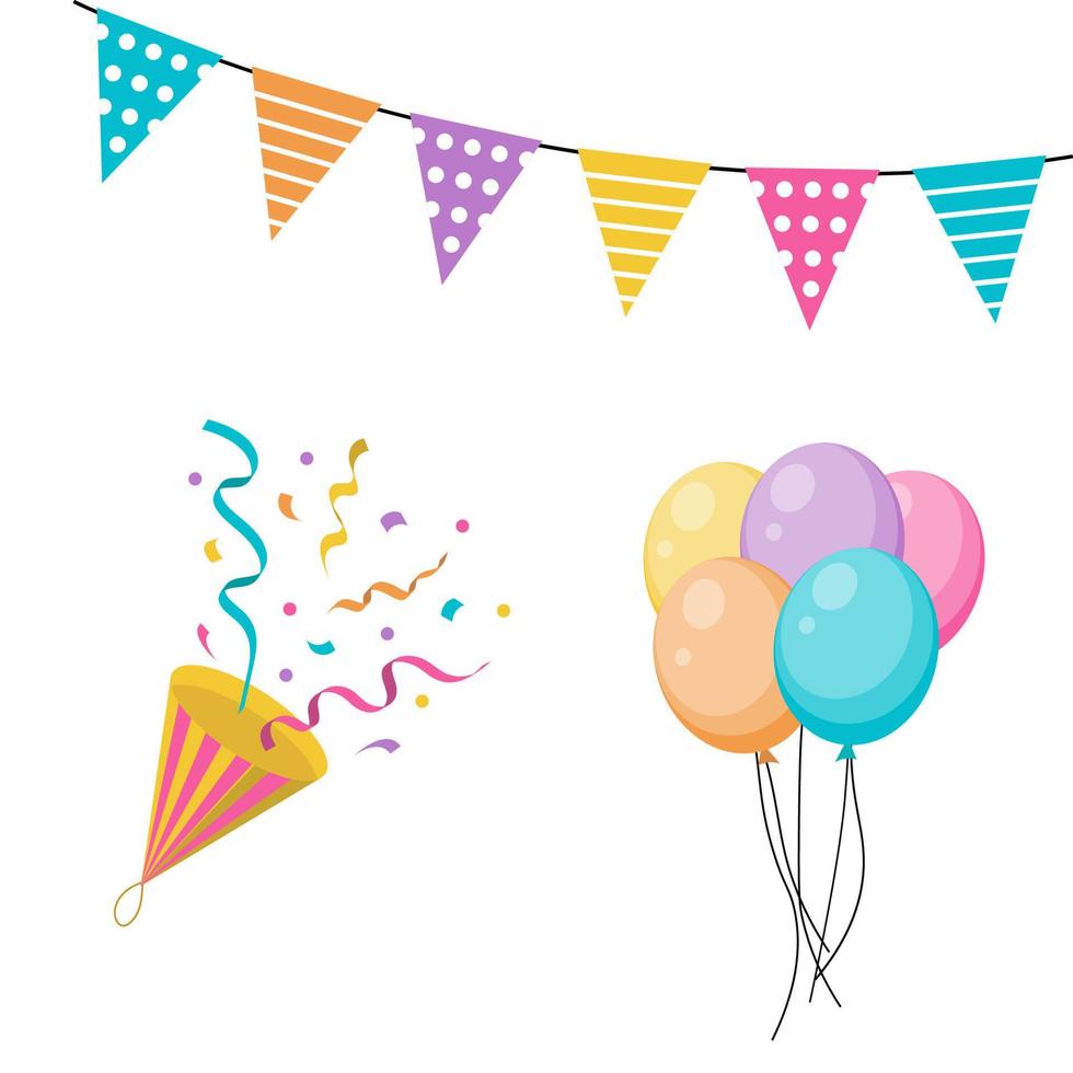 Set of party design elements. Colorful balloons, flags, confetti, cupcakes, gifts, candles, bows and decorative ribbons. vector