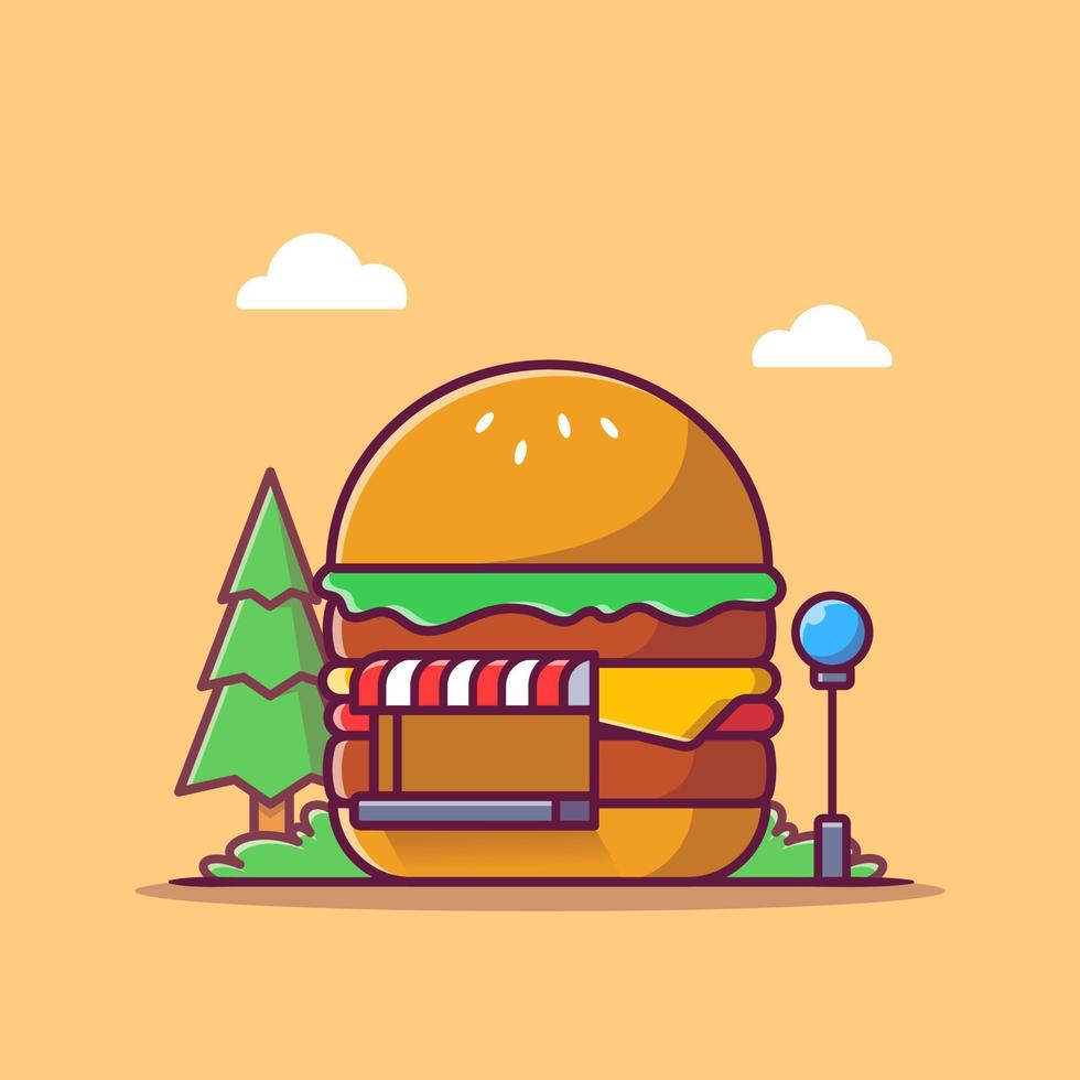 Burger Shop Cartoon Vector Icon Illustration. Fast Food Building Icon Concept Isolated Premium Vector. Flat Cartoon Style