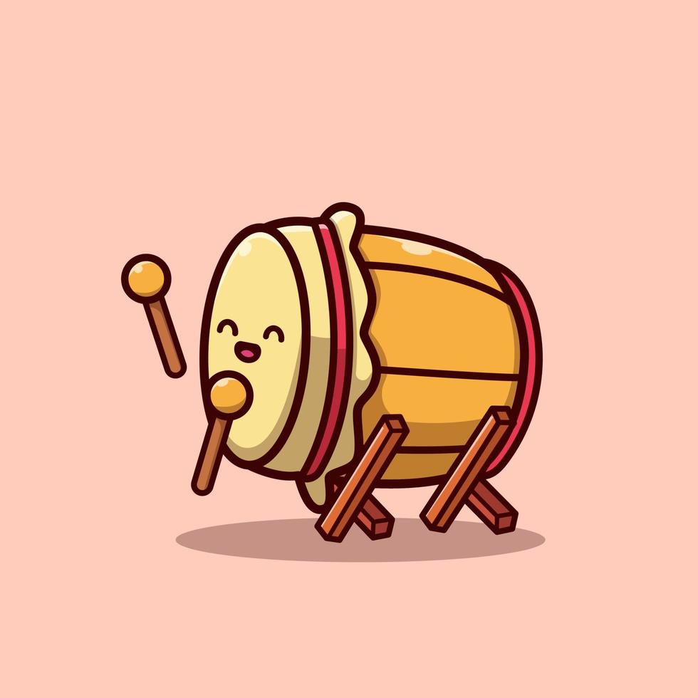 Cute Bedug Drum With Stick Cartoon Vector Icon Illustration. Religion Sign Icon Concept Isolated Premium Vector. Flat Cartoon Style