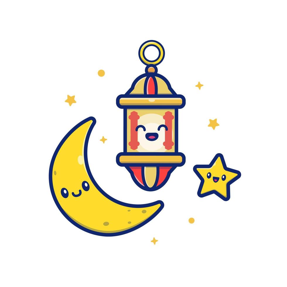 Cute Lamp Lantern With Moon And Star Cartoon Vector Icon Illustration. Religion Sign Icon Concept Isolated Premium Vector. Flat Cartoon Style