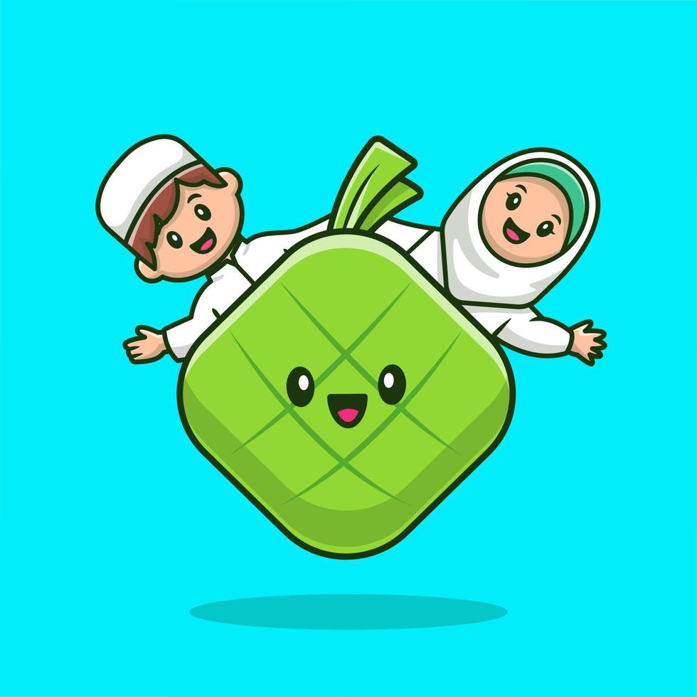 pareja musulmana con linda ilustración de icono de vector de dibujos animados de ketupat. concepto de icono musulmán de religión vector premium aislado. estilo de dibujos animados plana