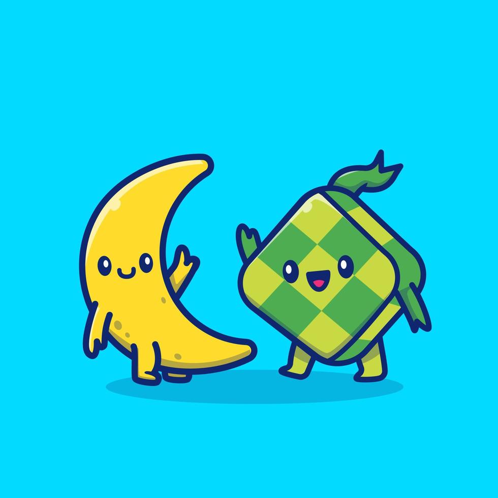 lindo ketupat con ilustración de icono de vector de dibujos animados de luna linda. concepto de icono de comida de religión vector premium aislado. estilo de dibujos animados plana