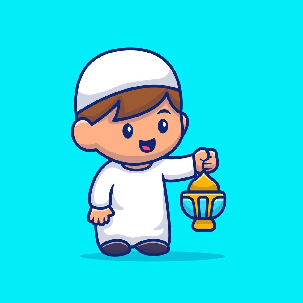 Moslem Boy Holding Lantern Cartoon Vector Icon Illustration. People Religion Icon Concept Isolated Premium Vector. Flat Cartoon Style