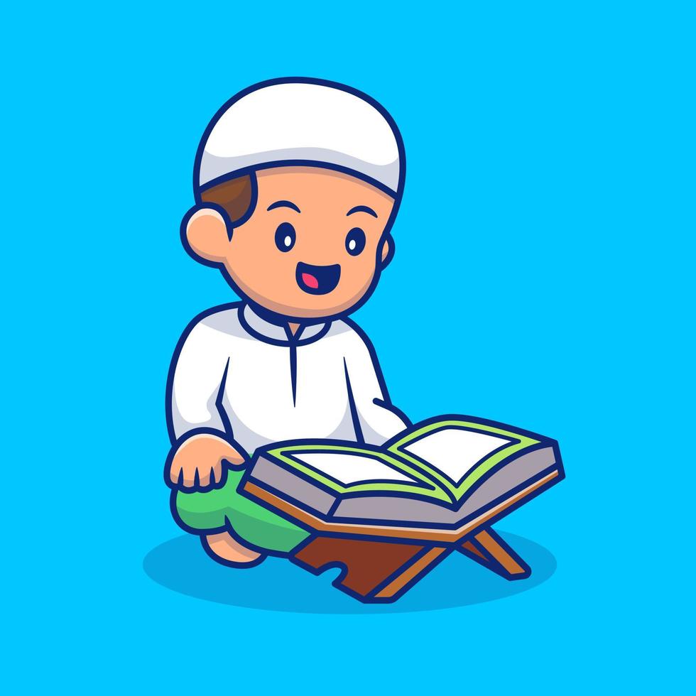 niño sentado y leyendo ilustración de icono de vector de dibujos animados de quran. concepto de icono de religión de personas vector premium aislado. estilo de dibujos animados plana