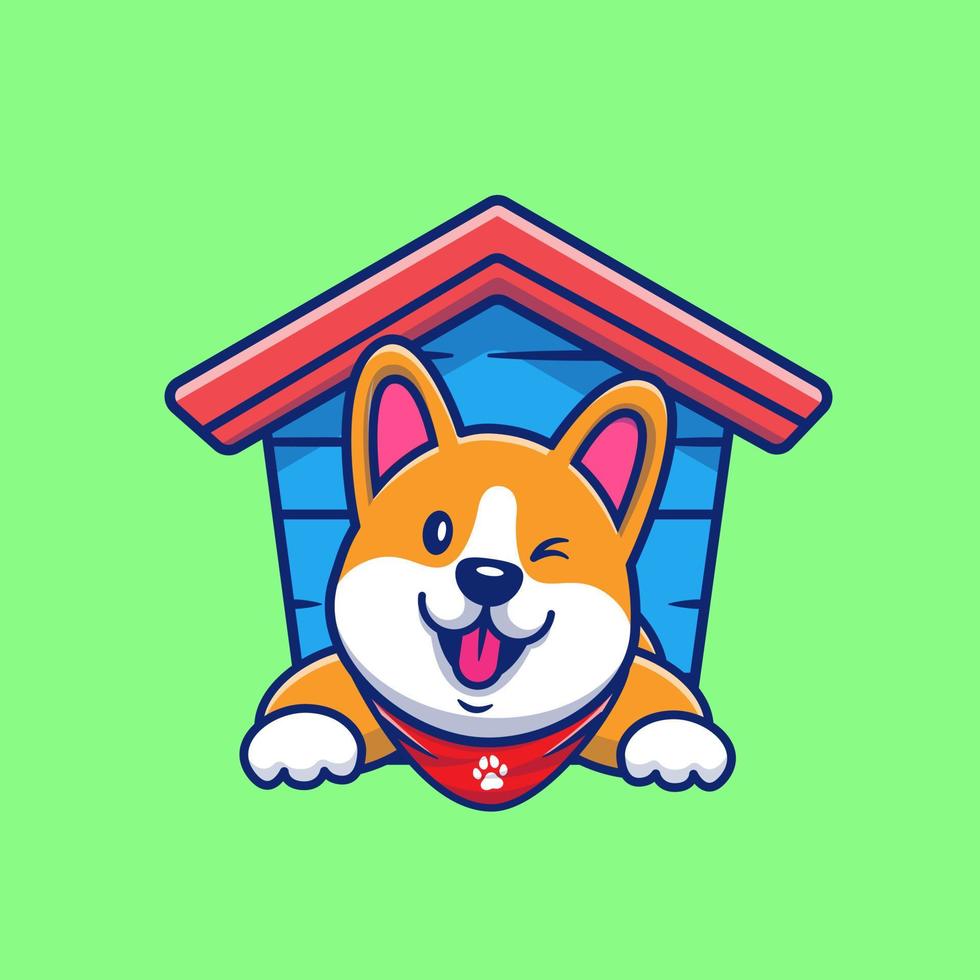 Cute Corgi In Doghouse Cartoon Vector Icon Illustration. Animal Icon Concept Isolated Premium Vector. Flat Cartoon Style