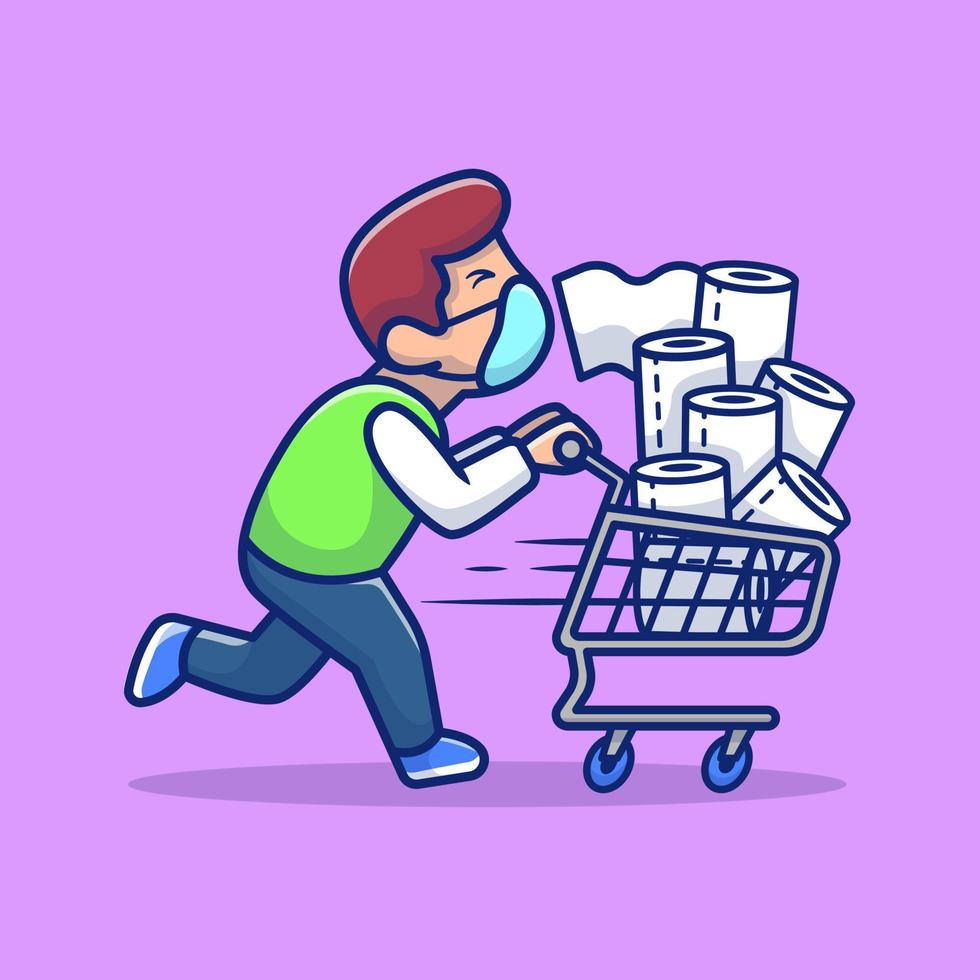 Masked Man Pushing Trolley With Tissue Cartoon Vector Icon Illustration. People Virus Icon Concept Isolated Premium Vector. Flat Cartoon Style