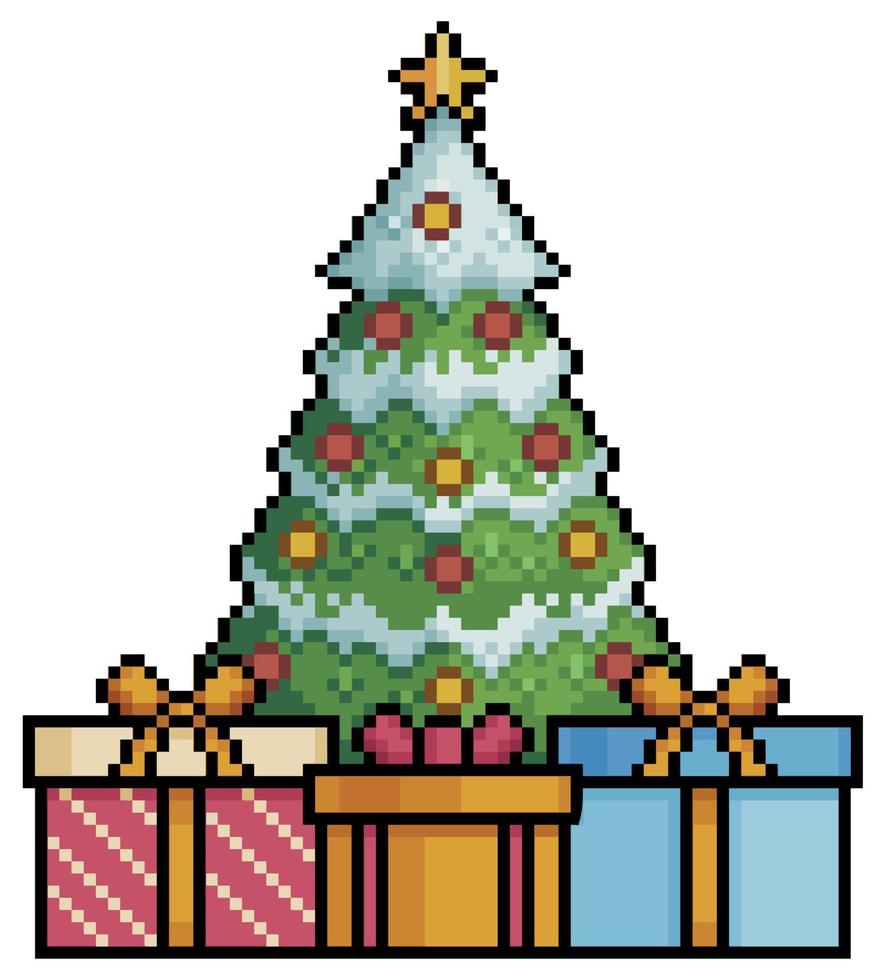 Pixel art christmas tree with gifts vector icon for 8bit game on white background