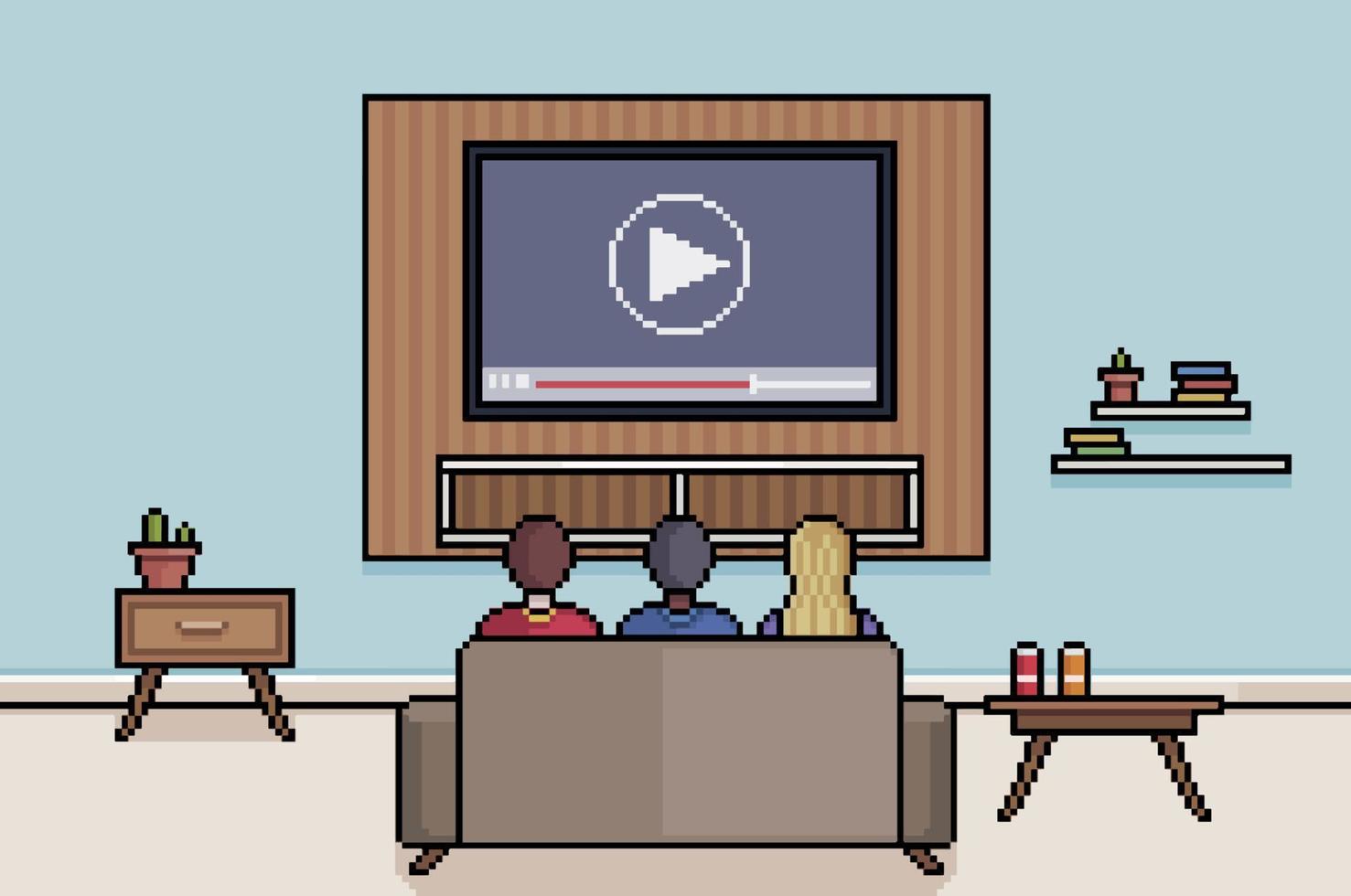 Pixel art living room with people watching TV, movie, series and streaming app 8bit game background vector