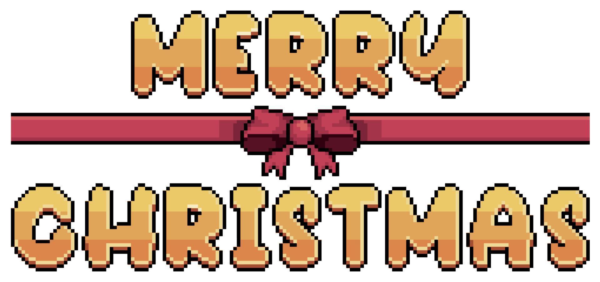 Pixel art golden merry christmas text with red ribbon and bow vector icon for 8bit game on white background