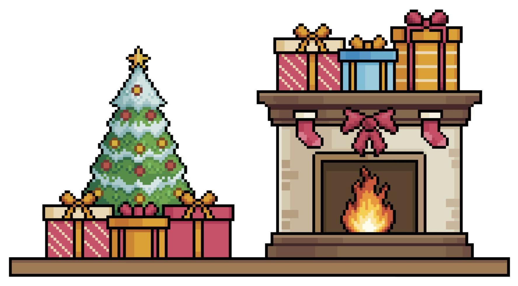 chimenea de arte de píxeles y árbol de navidad con regalos sobre vector de fondo base para juego de 8 bits