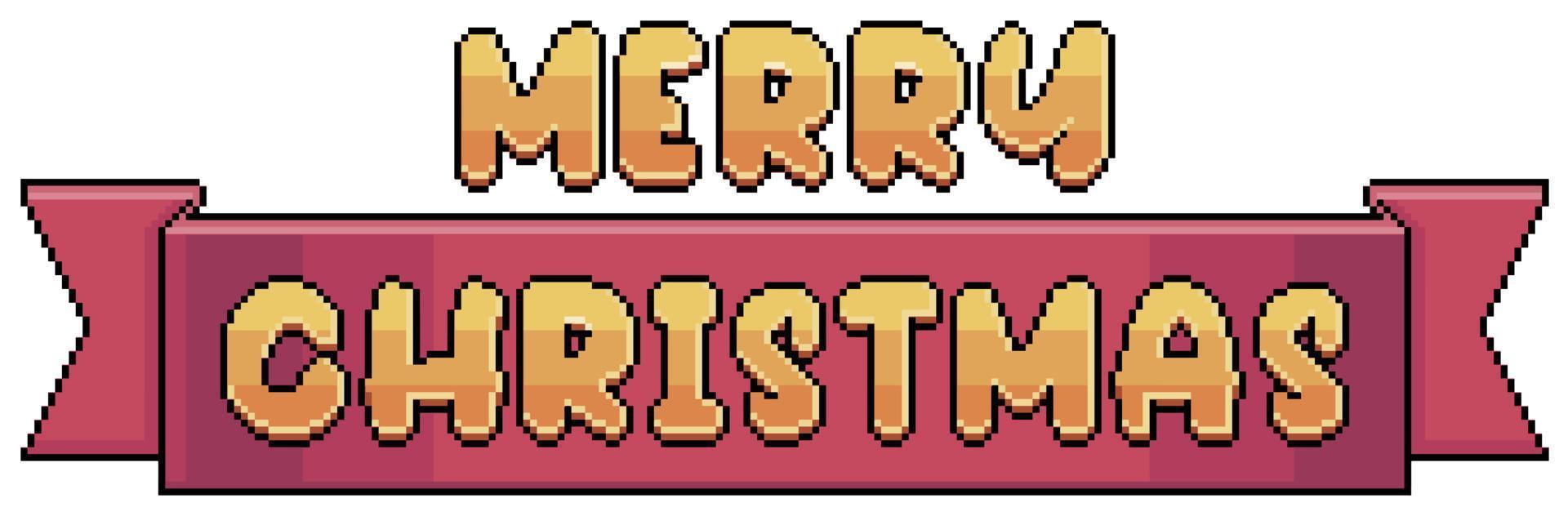 Pixel art merry christmas text and red banner vector icon for 8bit game on white background